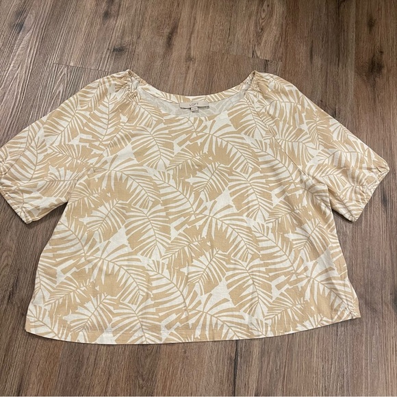 LOFT Palm Puff Sleeve Top Women’s XL Neutral Linen Blend Tropical Coastal Beach - Picture 2 of 7
